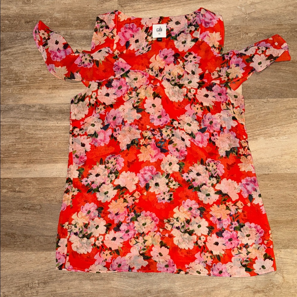 CAbi Red Floral Cold shoulder top